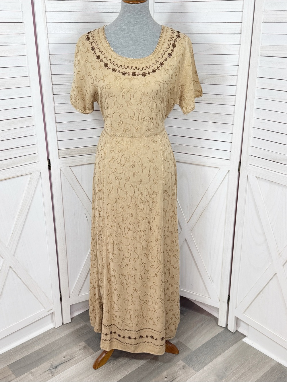 Vintage 90s Bila Boho Embroidered Tie Back Maxi Dress Tan Brown Medium Cottage